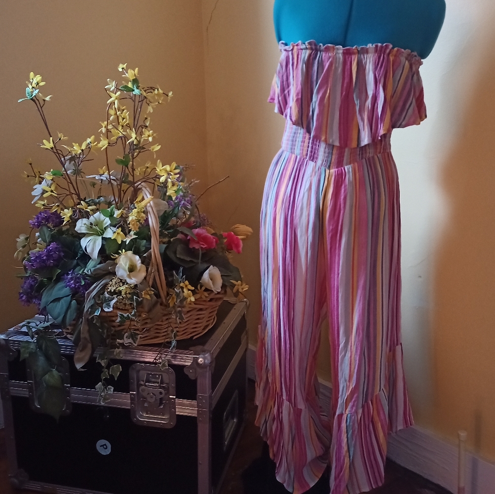 LUSH striped, ruffled pantsuit